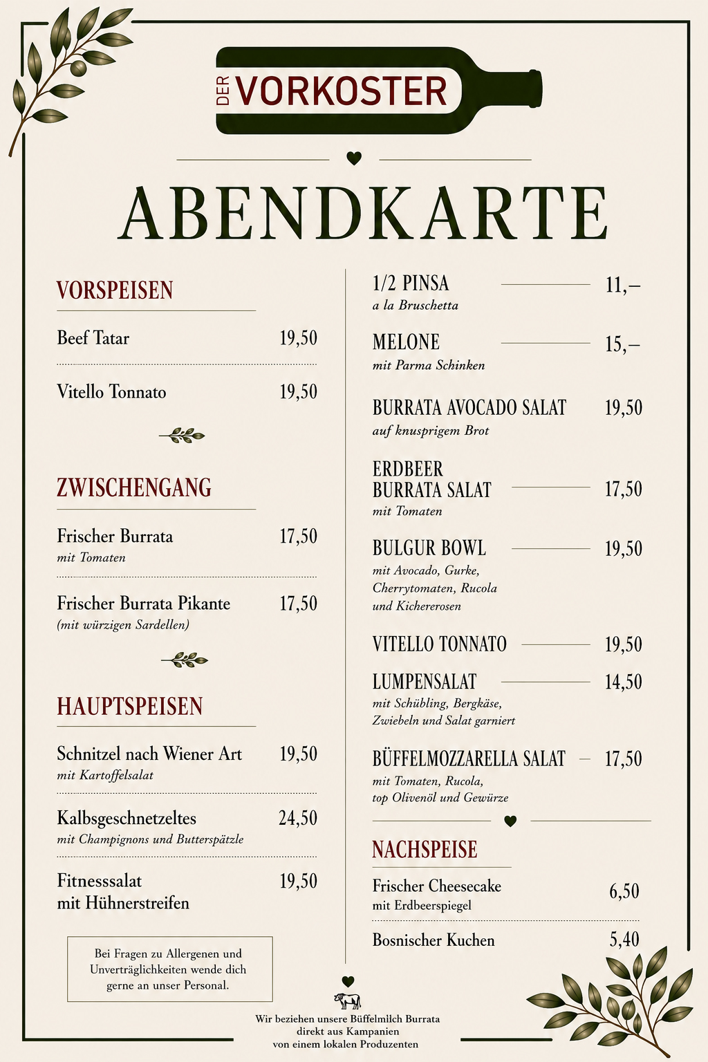 Abendkarte Vorkoster ab 16. Juli 2026